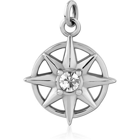 SURGICAL STEEL CHARM COMPASS ROSE OPENWORK WITH CLEAR CENTER GEM