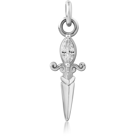 SURGICAL STEEL CHARM DAGGER WITH MARQUISE CLEAR GEM AND SCROLL HILT