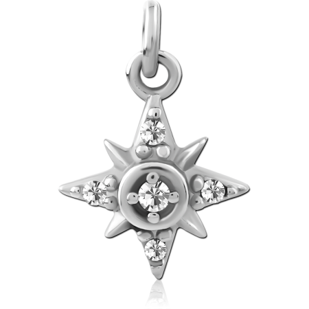 SURGICAL STEEL CHARM STARBURST EIGHT-POINTED DESIGN WITH PAVE CLUSTER GEMS