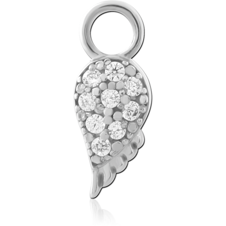SURGICAL STEEL CHARM ANGEL WING FEATHER WITH PAVE CLUSTER GEMS