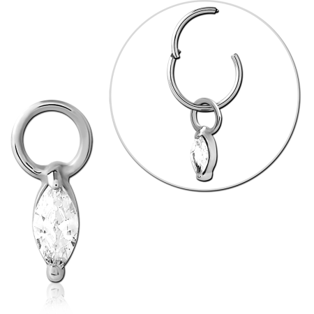 SURGICAL STEEL DANGLE CHARM MARQUISE CLEAR GEM BEZEL SET BAIL