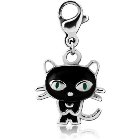 SURGICAL STEEL LOBSTER CLASP CHARM BLACK CAT ENAMEL GREEN EYES
