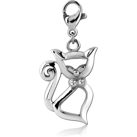 SURGICAL STEEL DANGLE CHARM WITH LOBSTER CLASP JEWELED CAT SILHOUETTE