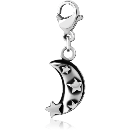 SURGICAL STEEL DANGLE CHARM WITH LOBSTER CLASP CRESCENT MOON WITH STARS