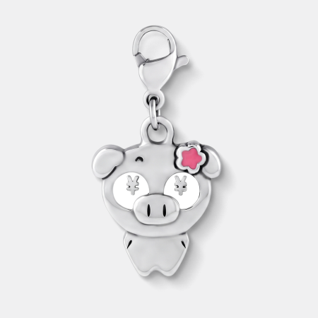 SURGICAL STEEL CHARM ENAMEL PIG FACE WITH FLOWER WITH LOBSTER CLASP