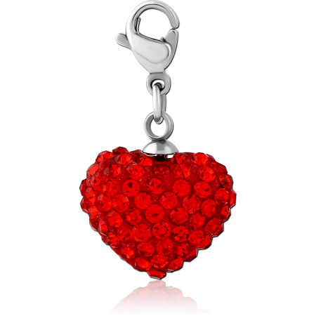 316L SURGICAL STEEL CHARM RED JEWELED HEART WITH LOBSTER CLASP