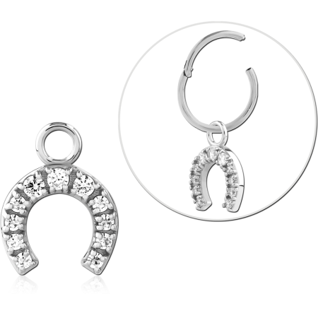 STERLING SILVER 925 SLIDING CHARM HORSESHOE WITH CLEAR GEMS FOR HINGED SEGMENT RING