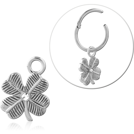 STERLING SILVER 925 SLIDING CHARM FOUR-LEAF CLOVER WITH CENTER GEM FOR HINGED SEGMENT RING