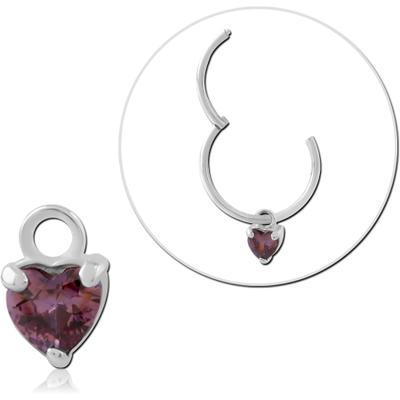 STERLING SILVER 925 SLIDING CHARM HEART PURPLE GEM DANGLE