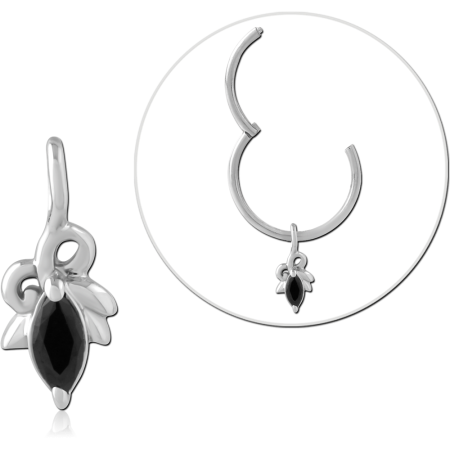 STERLING SILVER 925 CHARM MARQUISE BLACK GEM FLORAL LEAF DANGLE WITH BAIL
