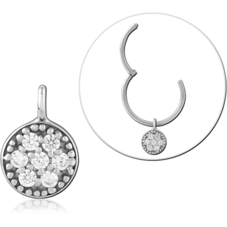 STERLING SILVER 925 CHARM ROUND DISC PAVE WITH CLEAR GEM CLUSTER