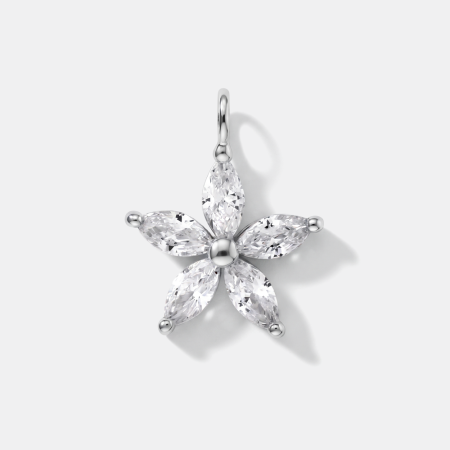 STERLING SILVER 925 CHARM FIVE PETAL FLOWER WITH MARQUISE CLEAR GEMS DANGLE