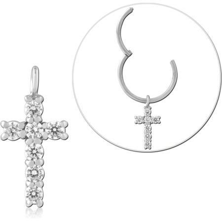 STERLING SILVER 925 CHARM CROSS PENDANT WITH CLEAR GEM CLUSTER DANGLE