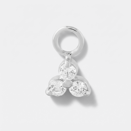 14K WHITE GOLD CHARM TRIPLE ROUND GEM DANGLE WITH JUMP RING