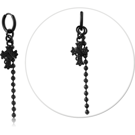 BLACK PVD COATED SURGICAL STEEL DANGLE EARRINGS WITH CROSS AND BEAD CHAIN CHARM