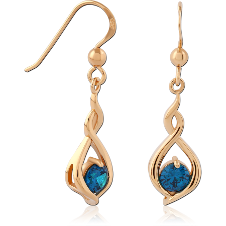 GOLD PLATED 18K STERLING SILVER 925 DANGLE EARRINGS TWISTED TEARDROP BLUE GEM PAIR