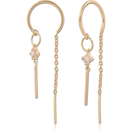 GOLD PLATED 18K STERLING SILVER 925 DANGLE EARRINGS CHAIN CLEAR GEM BAR DROP