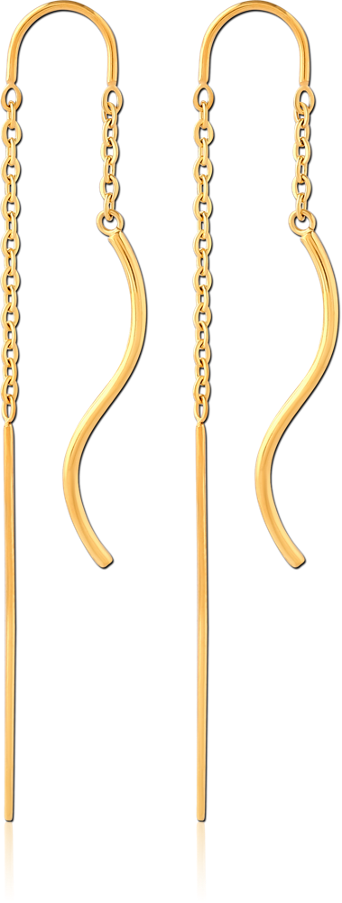 GOLD PVD COATED SURGICAL STEEL CHAIN THREADER EARRINGS CURVED BAR DROP