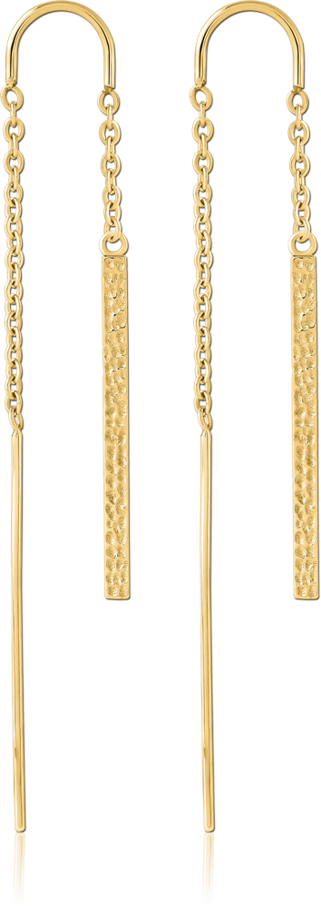 GOLD PVD COATED SURGICAL STEEL CHAIN THREADER EARRINGS HAMMERED BAR DANGLE