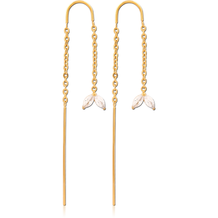 GOLD PVD COATED SURGICAL STEEL CHAIN THREADER EARRINGS DOUBLE MARQUISE GEM LEAVES