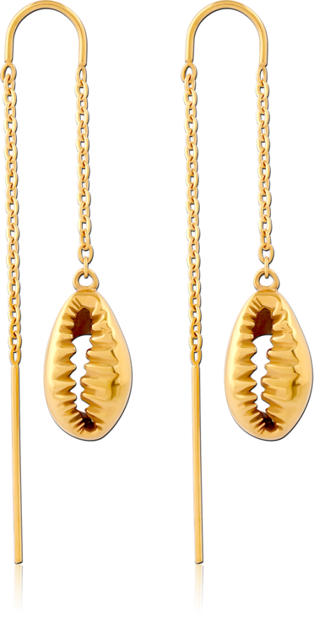 GOLD PVD COATED SURGICAL STEEL CHAIN THREADER EARRINGS WITH COWRIE SHELL CHARMS
