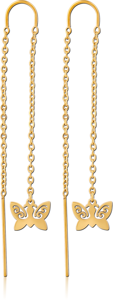 GOLD PVD COATED SURGICAL STEEL CHAIN THREADER EARRINGS WITH BUTTERFLY CHARMS