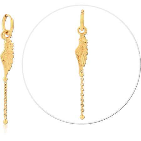 GOLD PVD COATED SURGICAL STEEL HOOP EARRINGS WITH WING AND CHAIN CHARM