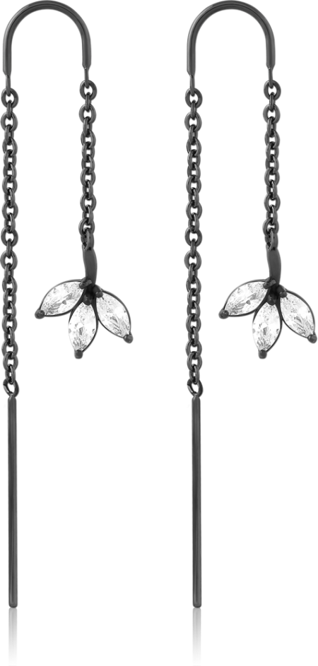 316L HEMETITE PVD COATED SURGICAL STEEL CHAIN JEWELED EARRINGS PAIR - LEAF