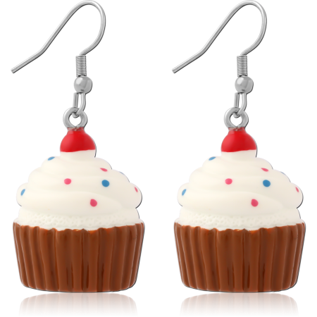 RESIN CUPCAKE DANGLE WITH 316L SURGICAL STEEL HOOK EARRINGS CHERRY TOP