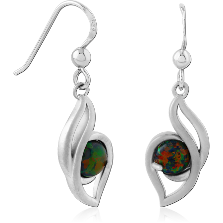 RHODIUM PLATED STERLING SILVER 925 DANGLE EARRINGS OPEN SWIRL WITH MULTICOLOR CABOCHON