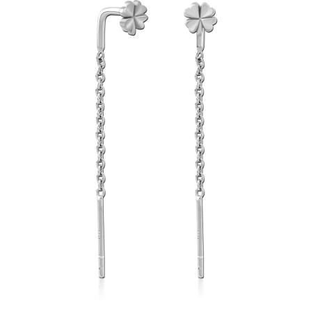 RHODIUM PLATED STERLING SILVER 925 THREADER CHAIN EARRINGS FOUR LEAF CLOVER DANGLE
