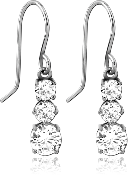 SURGICAL STEEL DANGLE EARRINGS TRIPLE ROUND CLEAR GEMS PRONG SET