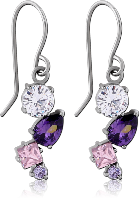 SURGICAL STEEL DANGLE EARRINGS MIXED SHAPE CLEAR PURPLE PINK GEMS GRADUATED DESIGN