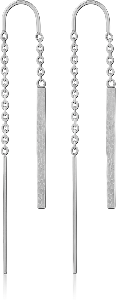 316L SURGICAL STEEL CHAIN THREADER EARRINGS WITH HAMMERED BAR CHARM POLISHED PAIR