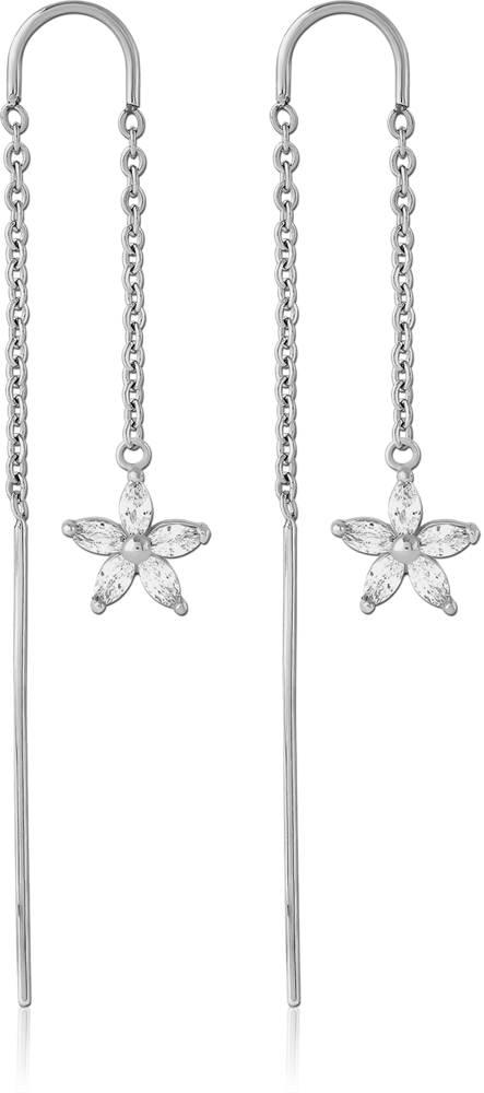 316L SURGICAL STEEL CHAIN THREADER EARRINGS WITH MARQUISE GEM FLOWER CHARM PAIR