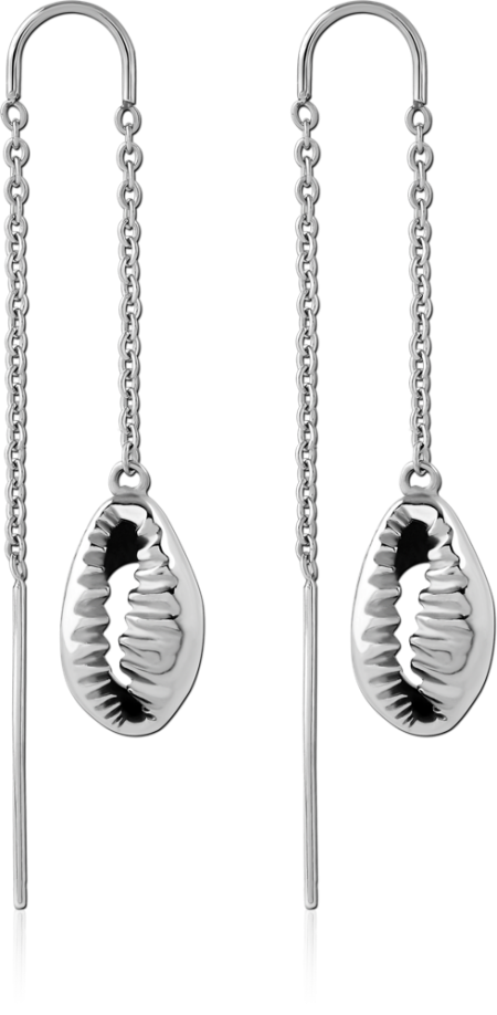 316L SURGICAL STEEL CHAIN THREADER EARRINGS WITH COWRIE SHELL CHARM POLISHED PAIR