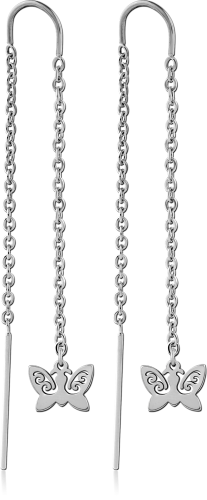 LONG DANGLE CHAIN THREADER EARRINGS WITH CUTOUT FILIGREE BUTTERFLY CHARMS