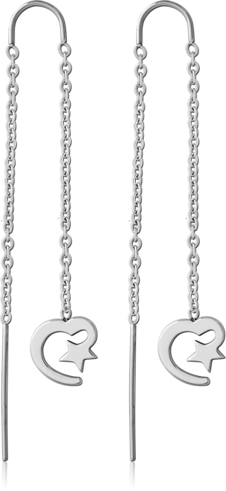 316L SURGICAL STEEL CHAIN THREADER EARRINGS WITH CRESCENT HEART AND STAR CHARM PAIR