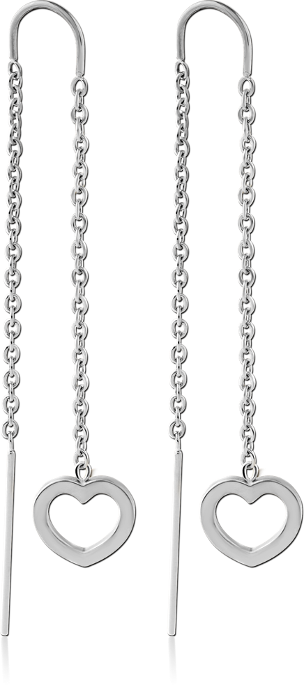 316L SURGICAL STEEL CHAIN THREADER EARRINGS WITH OPEN HEART OUTLINE CHARMS