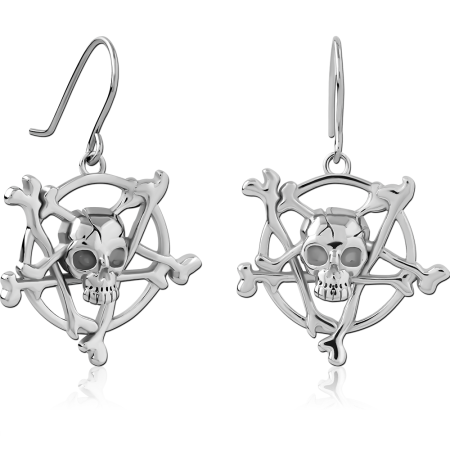 SURGICAL STEEL DANGLE EARRINGS SKULL AND CROSSBONES SHIP WHEEL