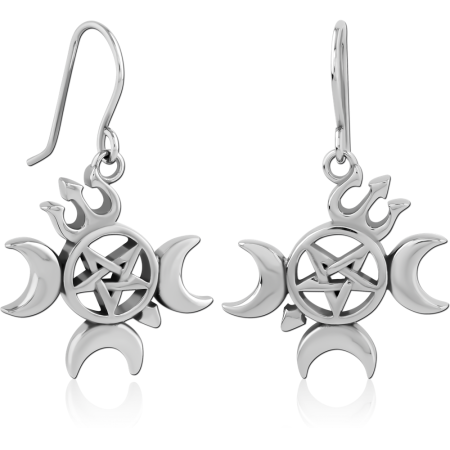 SURGICAL STEEL DANGLE EARRINGS PENTAGRAM WITH TRIPLE MOON AND TRIDENT