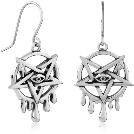 SURGICAL STEEL DANGLE EARRINGS PENTAGRAM WITH EYE AND DRIPPING DETAIL