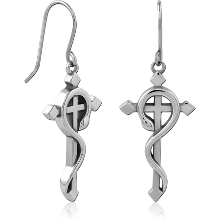 SURGICAL STEEL DANGLE EARRINGS CROSS WITH SWIRL DETAIL