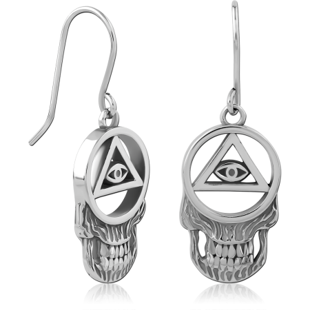 SURGICAL STEEL DANGLE EARRINGS SKULL WITH TRIANGLE EYE EMBLEM PAIR
