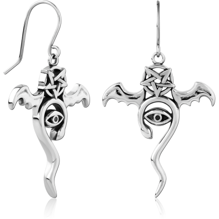 SURGICAL STEEL DANGLE EARRINGS PENTAGRAM WINGED BAT WITH EYE PAIR