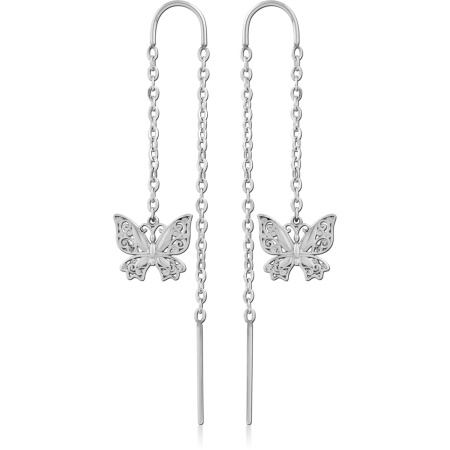 316L SURGICAL STEEL CHAIN THREADER EARRINGS WITH FILIGREE BUTTERFLY CHARMS PAIR
