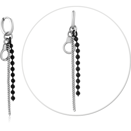 316L SURGICAL STEEL HOOP EARRING WITH BLACK BEAD STRAND AND CHAIN CHARMS