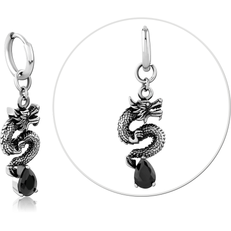 316L SURGICAL STEEL HOOP EARRING WITH DRAGON AND BLACK TEARDROP GEM CHARM