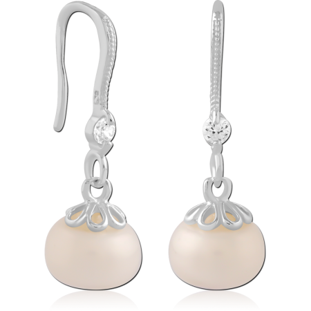 STERLING SILVER 925 DANGLE EARRINGS WHITE PEARL DROP WITH CLEAR GEM