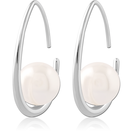 STERLING SILVER 925 DANGLE EARRINGS OPEN HOOP WITH WHITE PEARL ACCENT